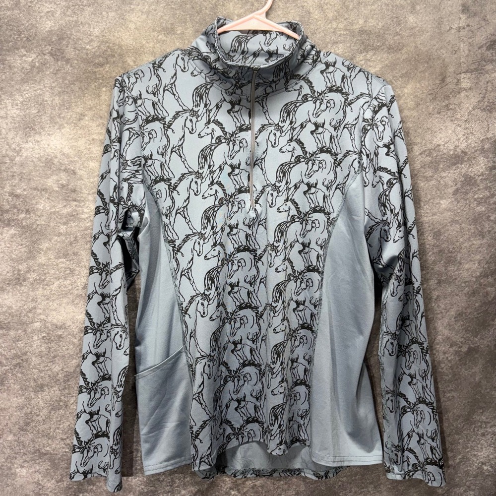 Kerrits Coolcore 1/4 Zip Pullover Shirt Size M Blue Gray Equestrian Horse Print
